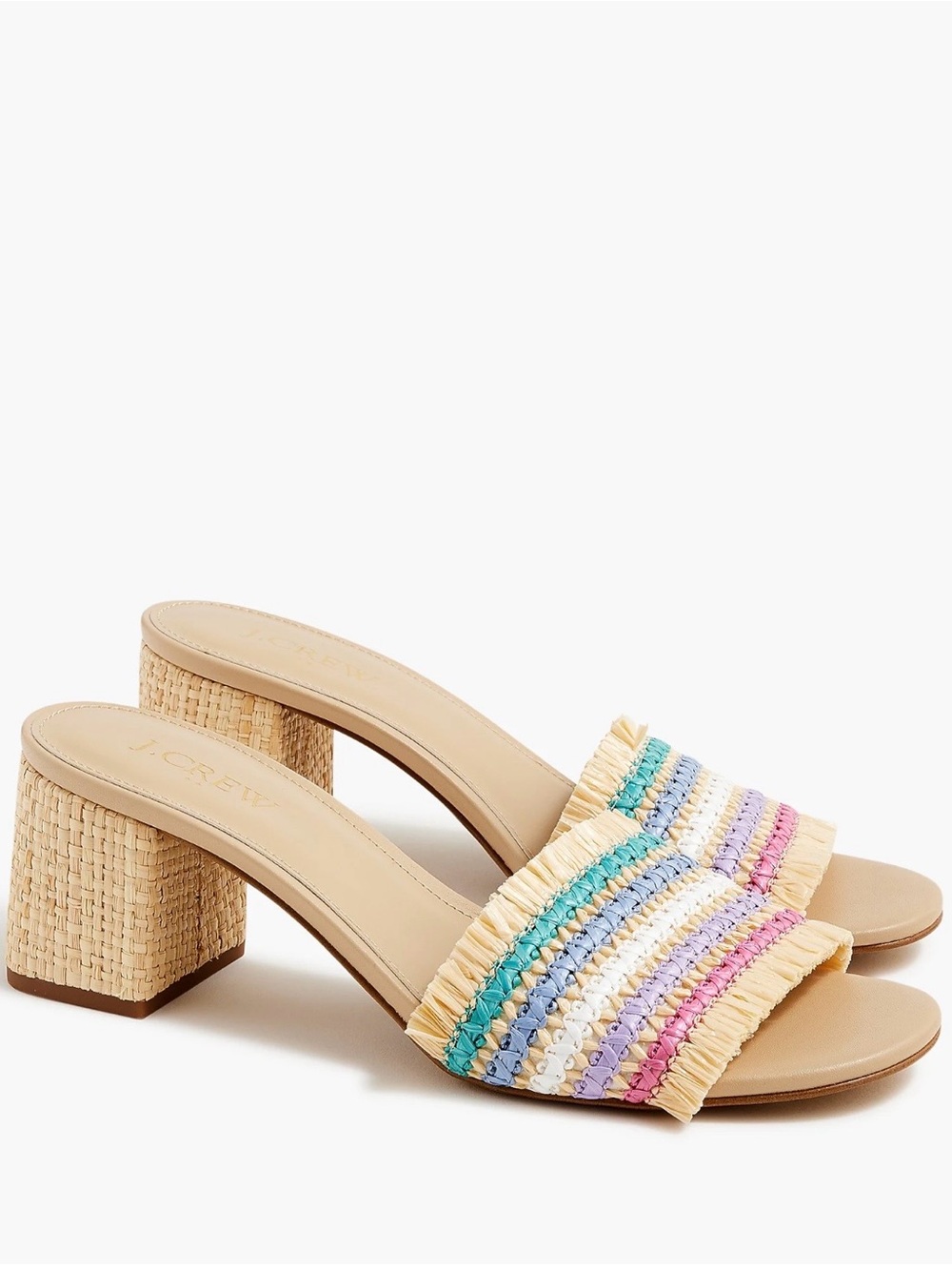 J. Crew Beige Raffia Block Heel Mules with Multicolor Striped Strap